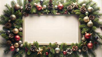 Christmas background with fir tree branchesration and blank white board for text photo