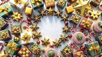 Christmas background with gifts and decorations. 3d rendering 3d illustration. photo
