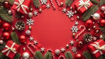 Christmas background with decorations and gift boxes on red background. Top view with copy space photo