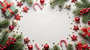 Christmas background with fir branches, candy canes and red berries on white background. Top view with copy space photo