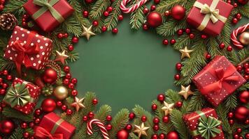 Christmas background with fir branches, gift boxes and decorations. Top view with copy space photo