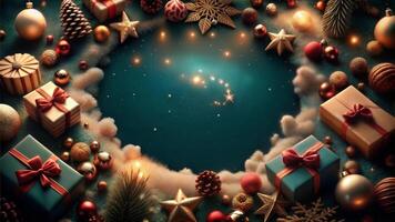 Christmas background with christmas decorations and gift boxes. 3d rendering photo