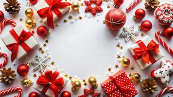 Christmas background with decorations and gift box on white background. Flat lay, top view. photo