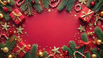 Christmas background with fir tree branches, red gift boxes and decorations on red background. Top view with copy space photo