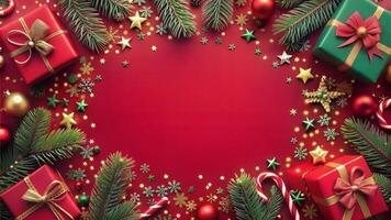 Christmas and New Year background with fir branches, red gift boxesrations and lights. Top view with copy space photo