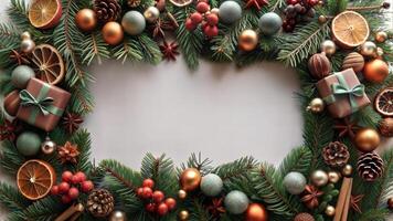 Christmas background with fir tree branches, baubles and decorations. photo