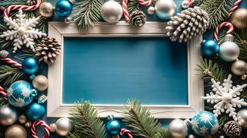 Christmas background with fir branches, candy canes and decorations. Top view with copy space photo