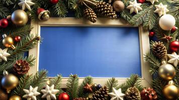 Christmas decoration with blank frame on wooden background, top view. Copy space. photo