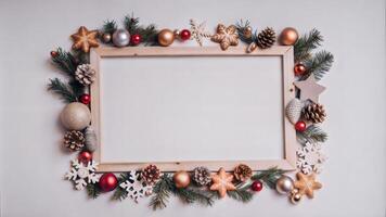 Christmas and New Year background with frame and decorations. Top view. photo