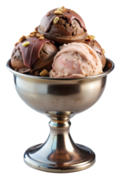 Chocolate and strawberry ice cream in a silver bowl with nuts, isolated, transparent file png