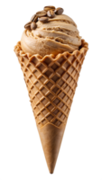 Coffee-flavored ice cream in waffle cone with coffee beans, transparent file png