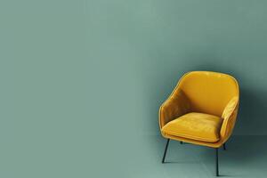 Cozy mustard yellow armchair against a serene green backdrop in a minimalistic living space photo