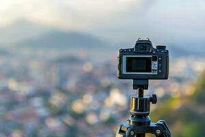 A solitary camera on a tripod overlooking a scenic cityscape at dusk, capturing the tranquil beauty of urban life against a blurred background photo