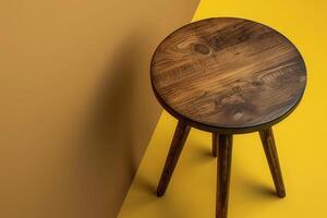 A rustic wooden stool against a vibrant yellow backdrop showcases simple elegance in contemporary decor photo