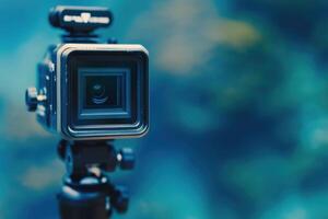 Elegant camera resting on a tripod, framed against a serene underwater background, capturing the tranquility of the deep ocean at midday photo