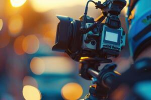 Capturing golden hour wonder with a camera on a bustling city street photo