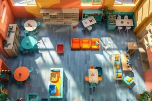 Brightly lit community space with colorful seating and playful decor at midday photo