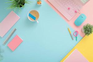 A vibrant workspace with pastel colors, stationery, and a cup of tea on a sunny morning photo