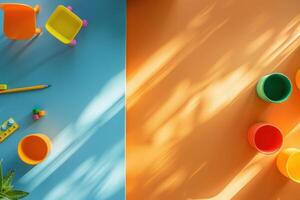 Colorful playtime setup with toys and sunlight streaming across a blue and orange tabletop in a lively atmosphere photo