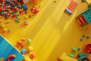 Vibrant playtime with colorful toys scattered on a sunny yellow floor photo