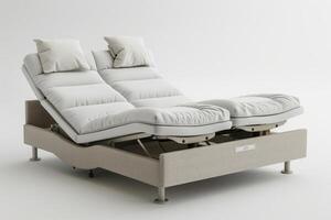 Modern adjustable bed with dual reclining features and plush pillows in a minimalist setting photo