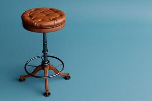 Elegant brown leather bar stool against a serene blue backdrop in a minimalist setting photo