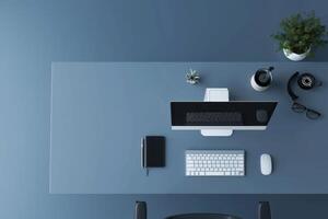 Modern workspace with minimalistic design and technological essentials in a serene blue setting photo