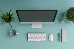 A serene workspace with a computer, coffee, and greenery on a soft blue desk at midday photo
