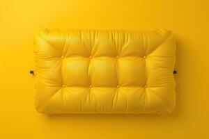 Bright yellow cushion resting against a vibrant wall with a textured finish, adding a pop of color and comfort to the contemporary space photo