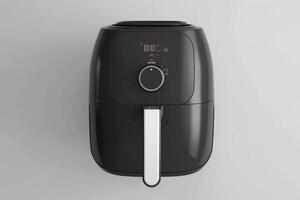 Modern air fryer on a minimalistic countertop illuminating its digital display and sleek design photo