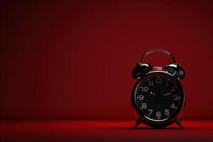 A vintage black alarm clock stands out against a striking red backdrop, capturing the essence of time on a quiet afternoon photo