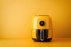 A vibrant yellow air fryer stands on a warm orange backdrop, showcasing its sleek design and digital display while embodying modern culinary innovation photo