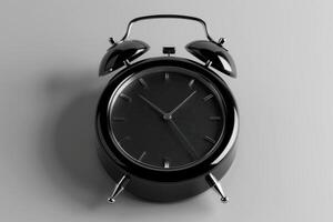 Black vintage alarm clock resting on a minimalist surface, showcasing elegant timekeeping details in soft morning light photo