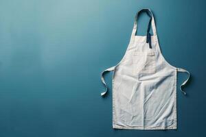 A simple apron rests against a serene blue background, inviting culinary creativity and home-cooked delights photo