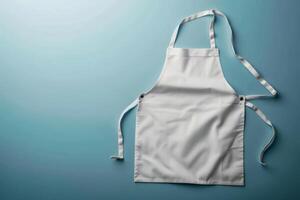 A crisp white apron draped against a smooth turquoise backdrop, inviting culinary adventures in a sunlit kitchen photo
