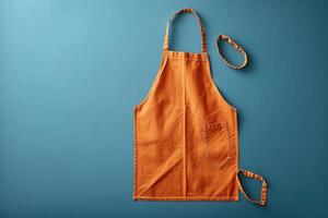 An orange apron laid flat against a vibrant blue background captures the essence of culinary creativity in a kitchen setting photo