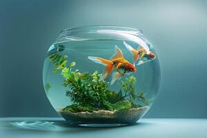Goldfish swimming gracefully in a tranquil bowl filled with aquatic plants and gravel during soft, ambient lighting photo
