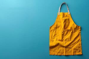 Bright yellow apron hanging against a vibrant turquoise backdrop for a cheerful culinary experience at home photo