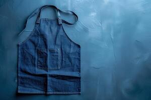 A rustic denim apron laid flat on a textured blue background, evoking a sense of culinary creativity and craftsmanship photo