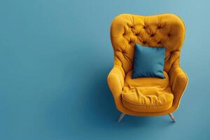 A cozy vintage armchair with a blue pillow set against a vibrant turquoise wall, inviting relaxation and style in a modern space photo
