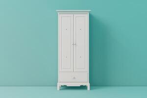 Elegant white wardrobe against a vibrant turquoise backdrop in a minimalist interior setting photo