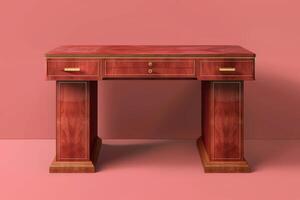 Elegant wooden desk in a minimalist room with light pink walls, showcasing intricate detailing and polished finish photo