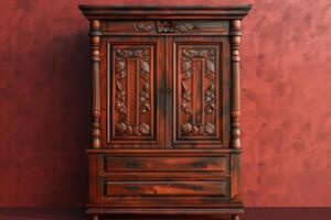 Elegant wooden cabinet with intricate carvings against a warm red wall photo