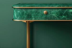 Elegant green marble console table with golden accents against a rich emerald wall photo