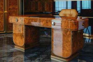 Elegant wooden desk with intricate design in a luxurious office setting during daylight photo