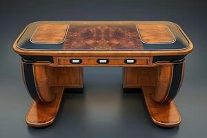 Elegant wooden desk with intricate design showcased in a modern setting, emphasizing craftsmanship and detail photo