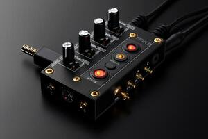 Stylish audio interface with illuminated controls and sleek design against a dark background photo