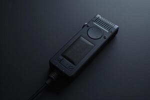 A sleek black audio recorder rests on a dark surface, capturing sounds in a minimalist workspace illuminated by soft light photo