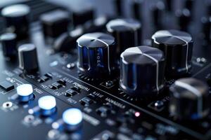 Intricate knobs and dials on a music production mixer in a dimly lit studio during a late-night recording session photo