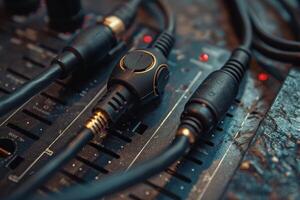 Close-up of audio cables and mixer on a worn table during a late-night recording session in a cozy studio photo